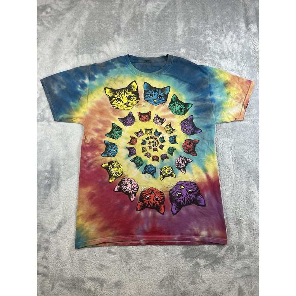 Tie Dye Cat Heads Shirt Colorful Graphic Tee Vintage Size Medium Psychedelic